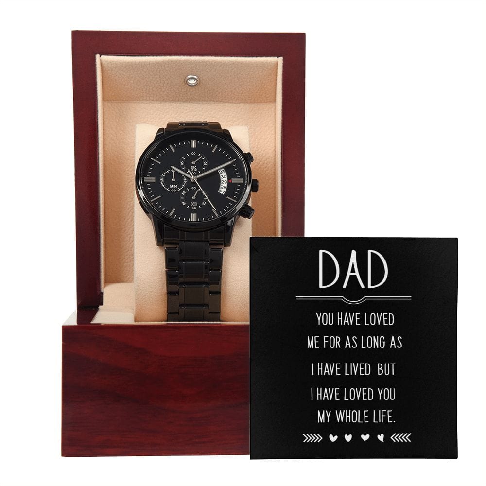 Papá, me has amado: reloj cronógrafo negro con caja de caoba