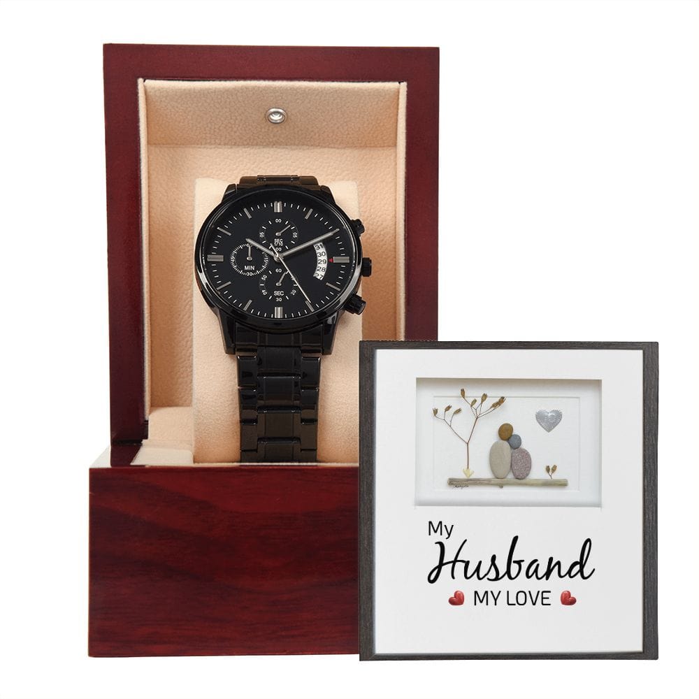 Mi marido, mi amor: reloj cronógrafo negro con caja de caoba