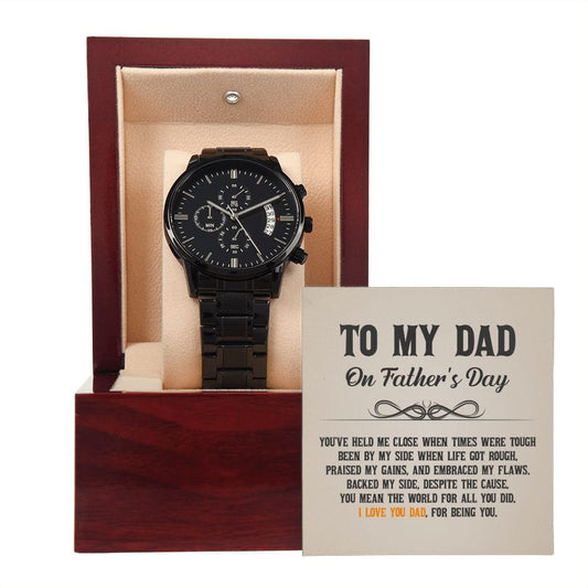 Para mi papá: Me mantuviste cerca cuando los tiempos eran difíciles: reloj cronógrafo negro con caja de caoba