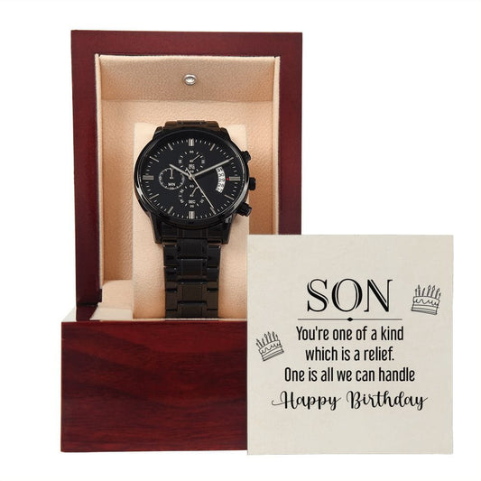 Hijo - Eres único en su clase - Reloj cronógrafo negro con caja de caoba