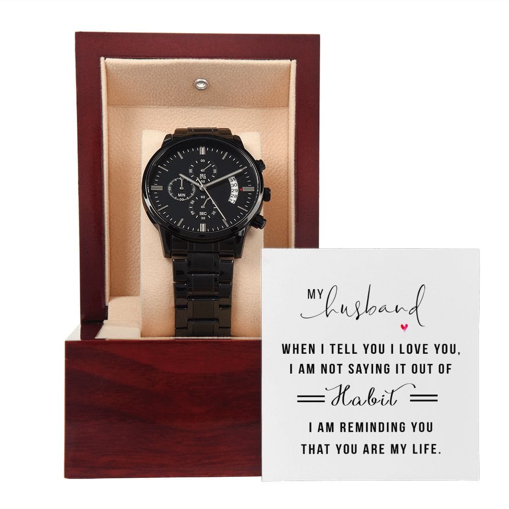 Mi esposo cuando te digo que te amo: reloj cronógrafo negro con caja de caoba