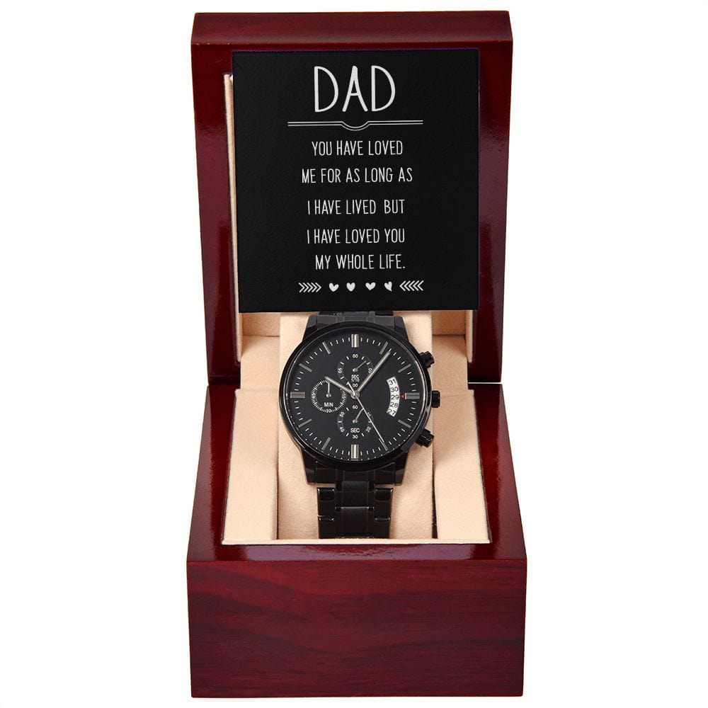 Papá, me has amado: reloj cronógrafo negro con caja de caoba