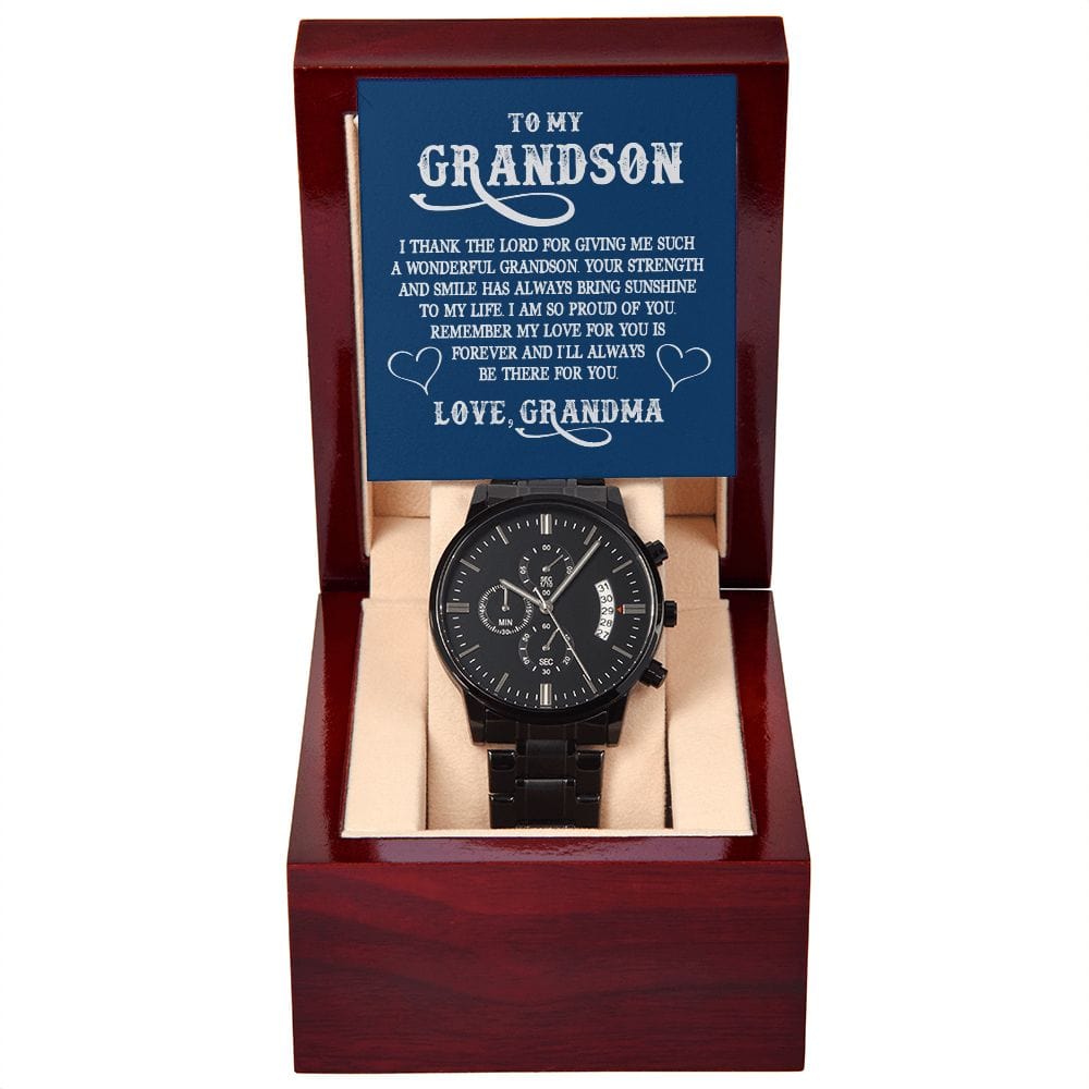 A mi nieto: Doy gracias al Señor por darme tal... Reloj cronógrafo negro con caja de caoba