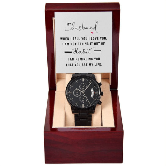 Mi esposo cuando te digo que te amo: reloj cronógrafo negro con caja de caoba