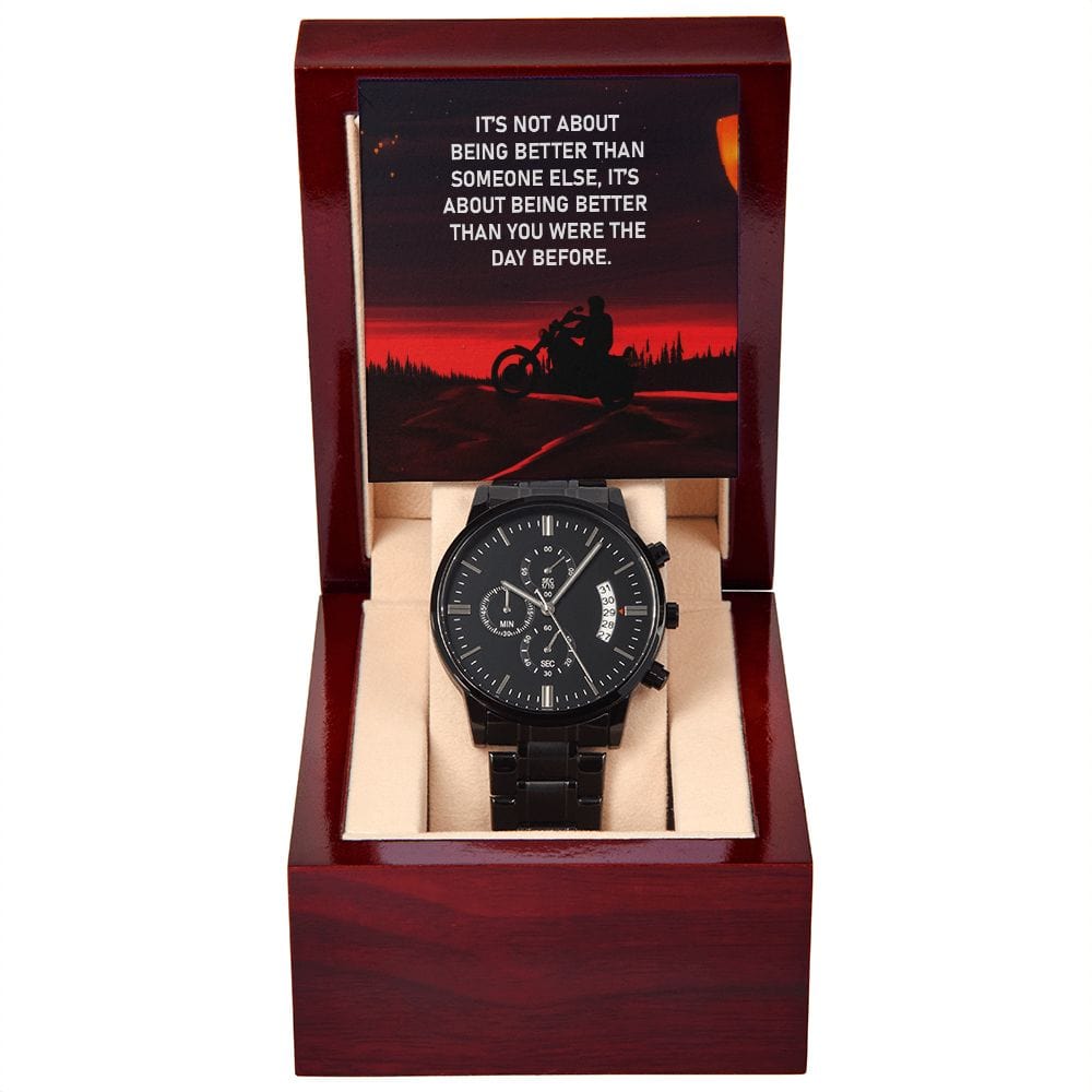 No se trata de ser mejor que otra persona: reloj cronógrafo negro con caja de caoba