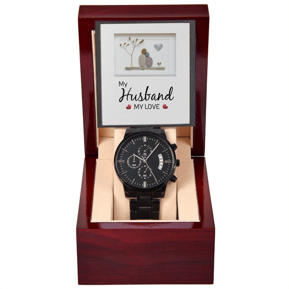 Mi marido, mi amor: reloj cronógrafo negro con caja de caoba