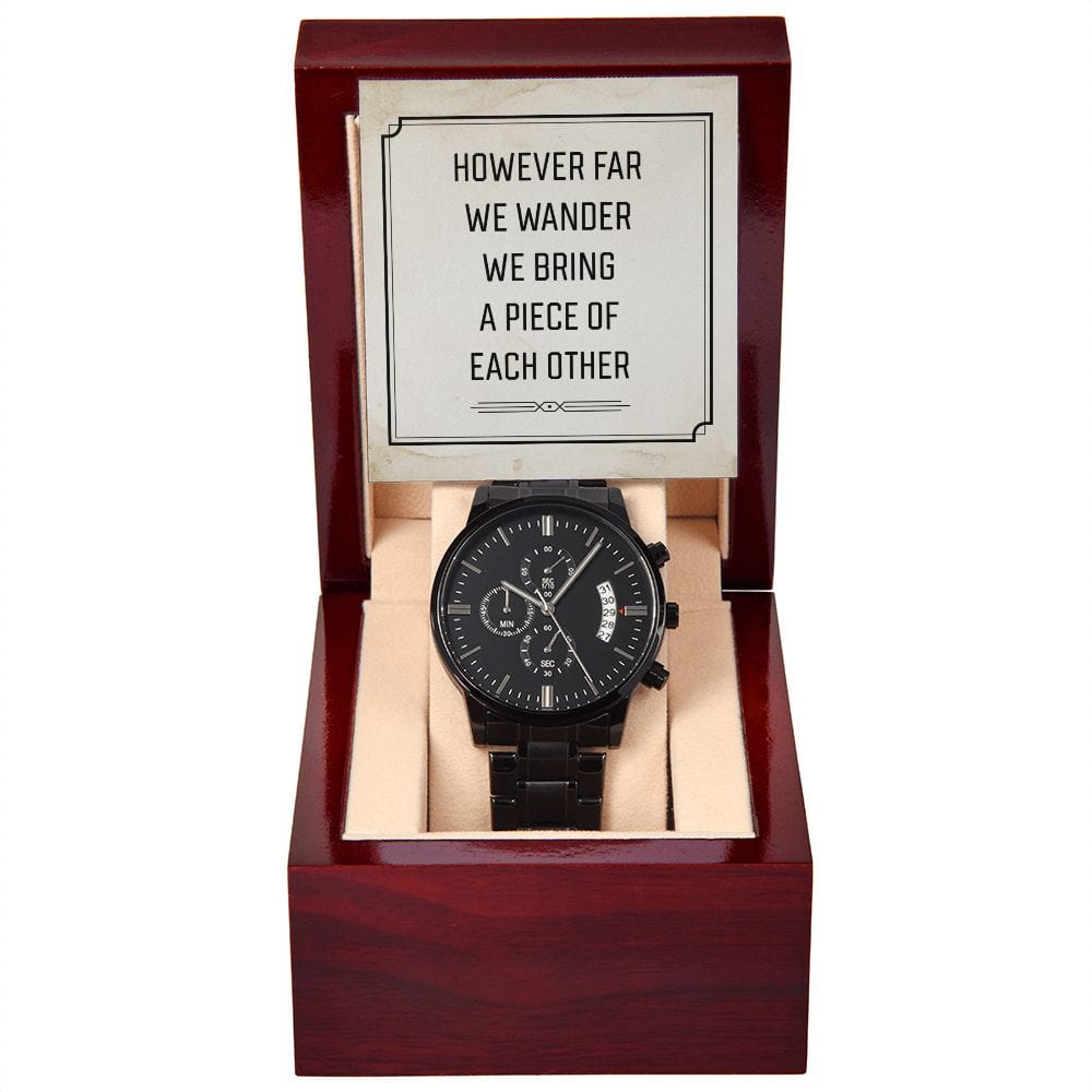 Por muy lejos que vayamos: reloj cronógrafo negro con caja de caoba