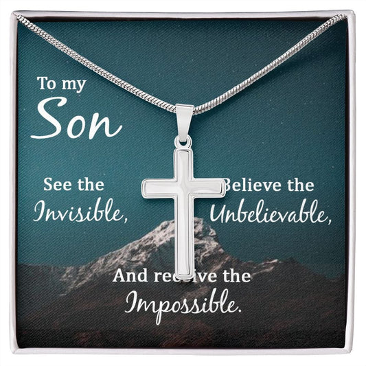 Hijo, mira lo invisible: collar de cruz de acero inoxidable con cadena de serpiente