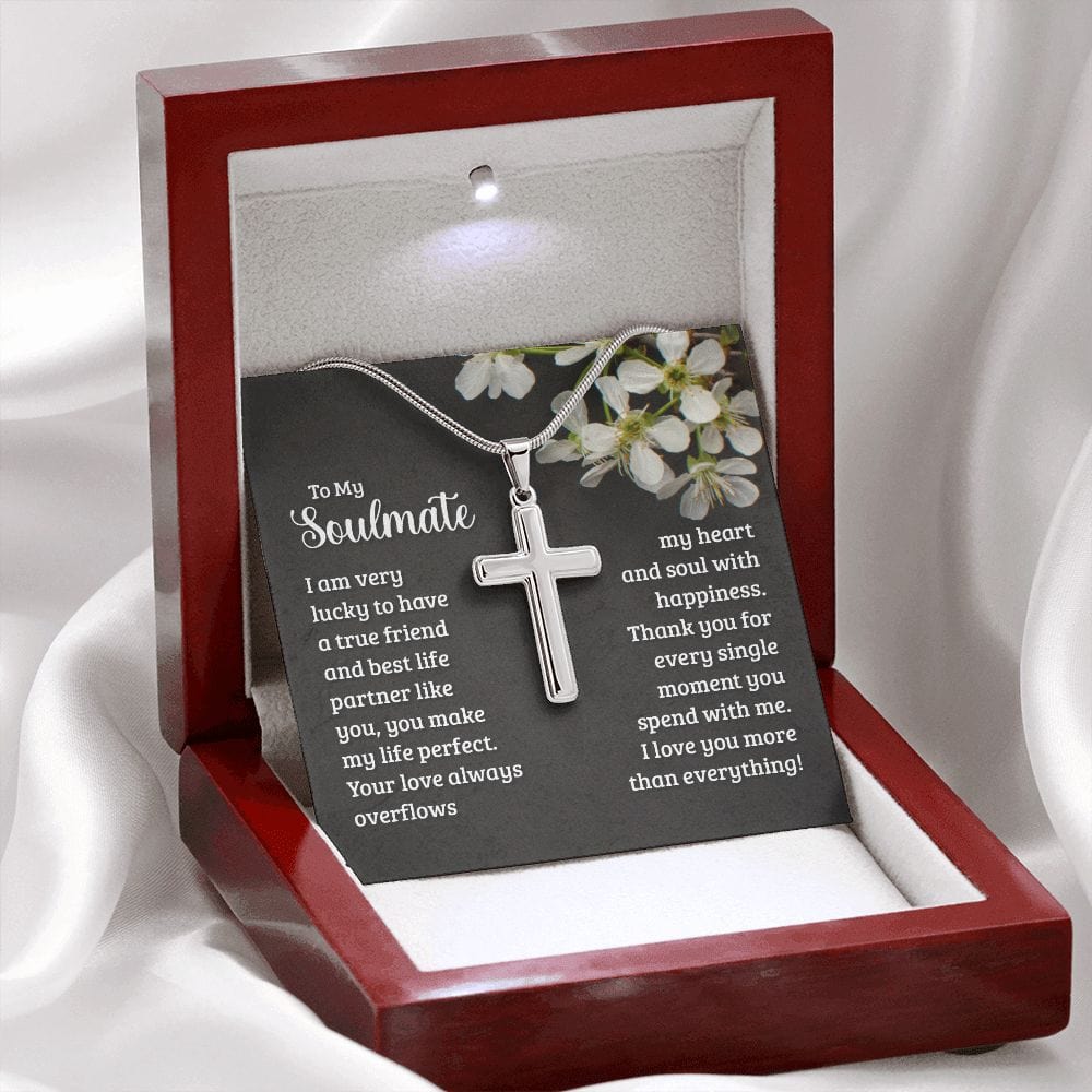 To My Soulmate - I am Very Lucky To Have You- Stainless Steel Cross Necklace W/ Snake Chain